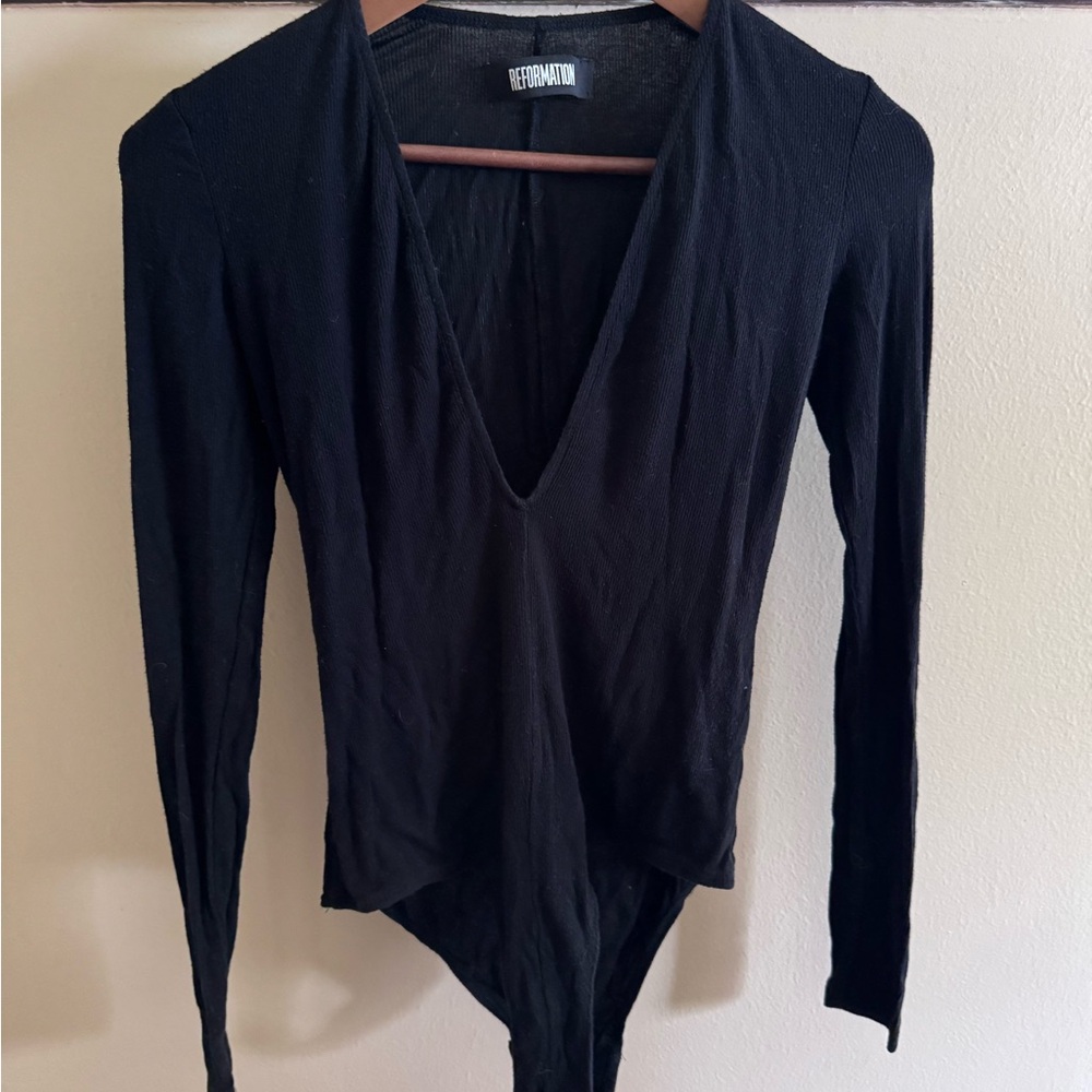 Reformation Black Deep V Bodysuit